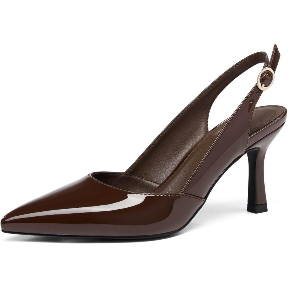 Women's Coffee Slingback Kitten Heels Closed Pointed Toe Wedding Party